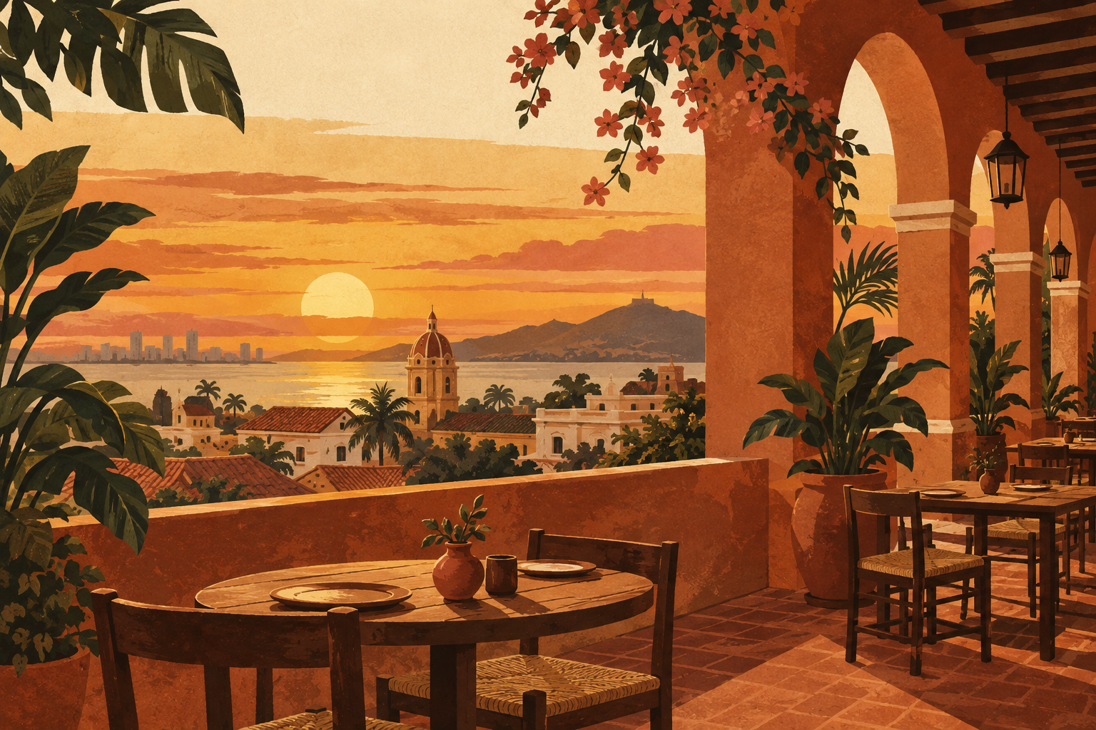 Illustrative Colombian sunset scene with terracotta arches, leafy forms, and a low golden sun