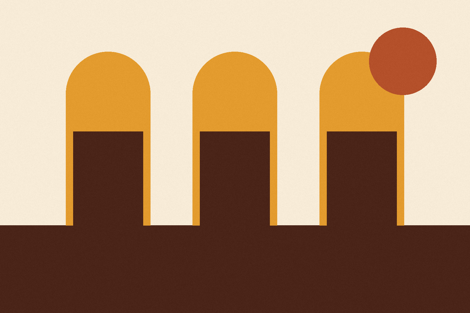 Illustrative arcade-arch artwork in cream and terracotta